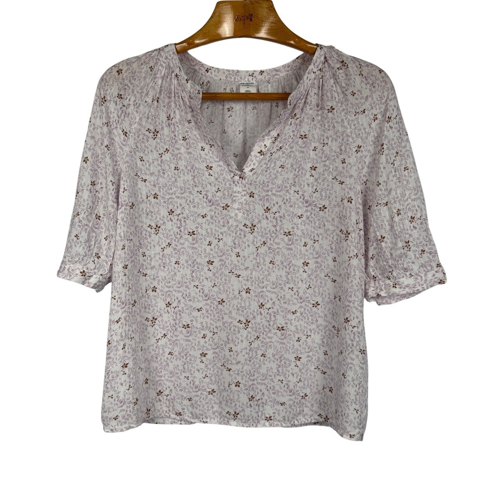 Melrose and Market Women's XS Lavender Floral Rayon Peasant Blouse Shimmer